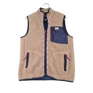 Penfield Mens Sherpa Pile Fleece Vest Beige Navy Blue Full Zip Aztec Trim Medium